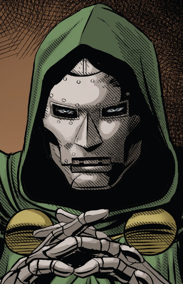 Doctor Doom stares directly at you from beneath his green hood, silver-armored fingers clasped.